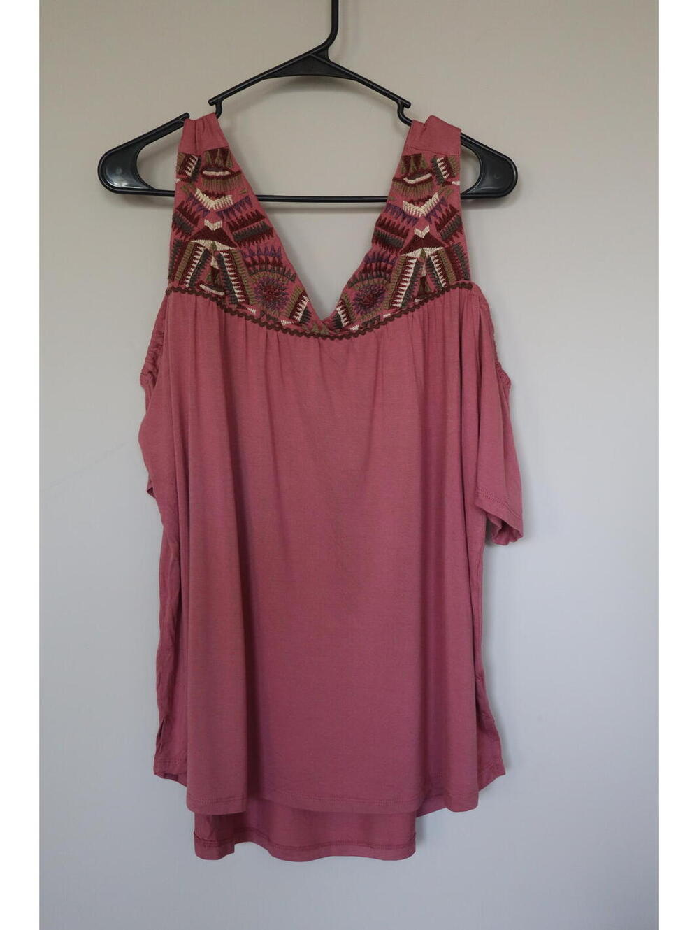 Hazel cold shoulder top with embroidery on neckline and straps size Medium